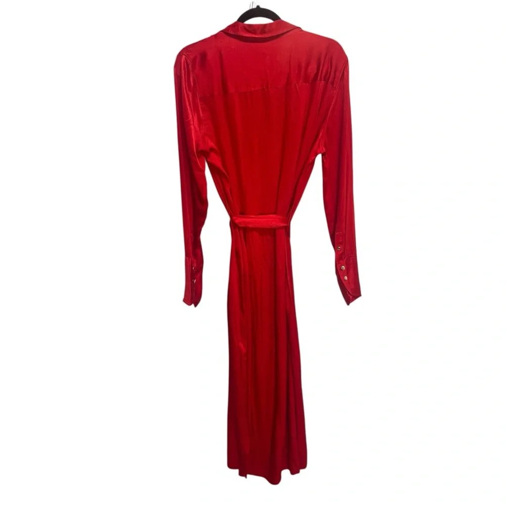 J.‎ Crew Red Silky Drapey Maxi Shirt Dress Belted Buttoned 12